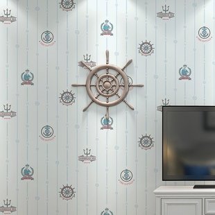 淡蓝色3d卡通墙纸地中海船舵船锚竖条纹浮雕，儿童房高档环保壁纸