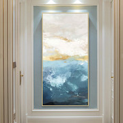 速发手绘抽象油画现代简约竖版蓝色海边风景欧式美式客厅玄关装饰
