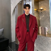 红色西装外套男士韩版潮流宽松休闲个性小西服春季复古上衣男潮