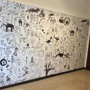 现代北欧壁画涂鸦墙纸儿童房，壁纸卧室男孩个性，创意手绘黑白壁画