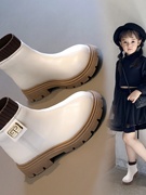 女童皮面加绒靴子2023冬季韩版软底，二棉马丁靴小女孩中筒棉靴