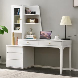 实木书桌书架一体式儿童学习桌家用可伸缩学生书柜卧室台式写字台