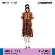 IIIVIVINIKO夏季欧根纱衬衫式短袖压褶连衣裙女M320647177D