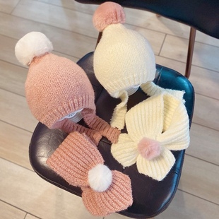 定制婴儿帽子围巾两件套秋冬季男童可爱毛线帽冬天女宝宝护耳针织