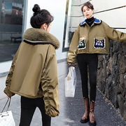 韩版冬装时尚可拆卸毛毛领(毛，毛领)印花针织拼接口袋加绒派克服短外套