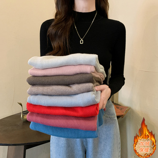 加厚加绒保暖半高领毛衣女士秋冬修身紧身长袖内搭打底针织衫上衣