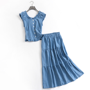 X807法式浪漫复古小个子套装裙夏季超仙收腰显瘦荷叶边a字裙