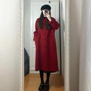 高级感红色呢子大衣，秋冬装韩系赫本风，小个子毛呢外套女中长版