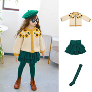 IFKIDS童装手工绣花立体向日葵花朵黄毛衣+层层荷叶边绿羊毛短裙