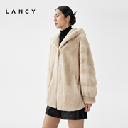 LANCY/朗姿2023秋冬宽松连帽水貂毛皮草外套短款气质高档大衣