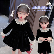 女童丝绒连衣裙2024春秋，韩版小童时髦裙子儿童洋气春装公主裙