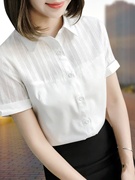 韩国雪纺衬衫女短袖夏装显瘦白色，职业衬衣时尚简约洋气方领上衣潮