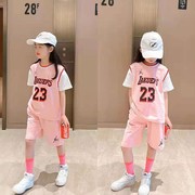 女童 篮球服 运动套装 短袖 假两件 