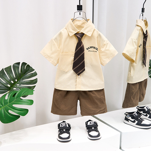 儿童短袖衬衫套装，夏季男童英伦学院风礼服，幼儿园洋气班服园服