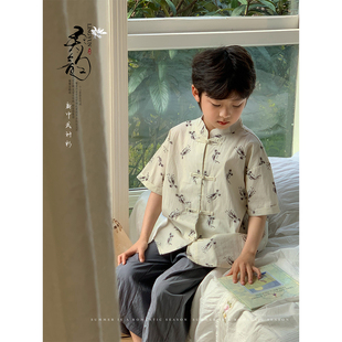 虾酱麻麻男童新中式短袖，衬衫薄款夏装2024儿童国风衬衣外套