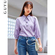 福利紫色短袖衬衫女设计感小众，七分袖衬衣泡泡袖中袖上衣