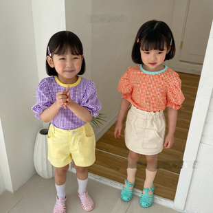 韩版童装夏女童宝宝泡泡袖小方格时尚短袖T恤