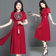 红色旗袍连衣裙2023年夏装，短袖高端显瘦减龄宴会，喜庆穿搭裙子
