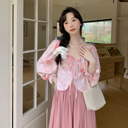 2024韩版女装油画感系带一字领雪纺上衣+百搭半身裙两件套装