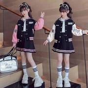 女童春秋运动套装2024韩版网红棒球服外套百褶裙儿童两件