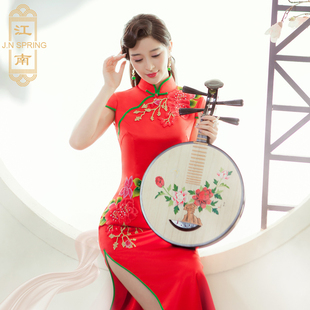 江南春天旗袍2024年春夏款大红色高端连衣裙红色，新中式礼服女