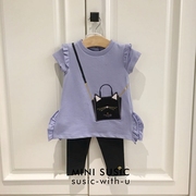 1-6岁ks女童女宝宝蓝色，猫咪薄毛圈棉，上衣裙+黑底打底裤两件套