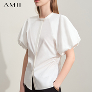 Amii2024夏季法式纯色小立领灯笼袖修身短袖气质衬衫女款衬衣