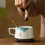手绘荷花咖啡杯陶瓷高档精致女高级感拿铁杯中式水杯茶杯小众