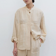 亚麻衬衫春秋季女装新中式文艺，复古立领设计小众棉麻长袖衬衣