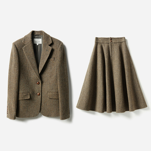 WXZ07002 茉莉雅集 英国羊毛风貌人字纹全羊毛收腰长袖西装半裙