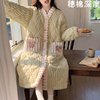 珊瑚绒睡袍女冬季2023秋冬款三层加厚铺棉睡衣长版绿色外套