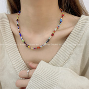 yuccie原创小众春夏彩色花朵琉璃，串珠项链个性，天然珍珠饰品手链