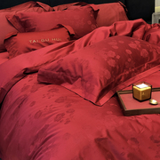 玫瑰提花款1g00支婚庆四件组全棉，纯棉结婚大红色床上用品