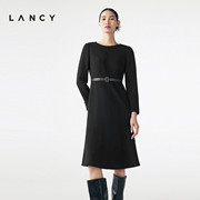 lancy朗姿羊毛冬季黑色连衣裙法式收腰显瘦圆领高级感裙子女