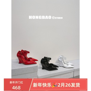 HongBao24s欧美时尚坡跟高跟鞋女真皮凉鞋超高跟漆皮单鞋