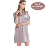 100%桑蚕丝衬衫裙休闲家居服宽松性感女款睡裙纯色中袖灰紫色睡衣