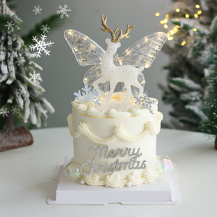 网红圣诞节蛋糕装饰发光蝴蝶，摆件唯美闪粉麋鹿水晶鹿钻石摆件插件