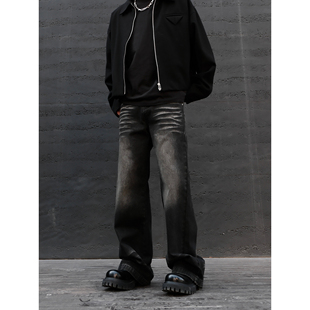 jdkz春夏美式高街猫须波纹，做旧黑灰色牛仔裤，男直筒cleanfit微喇裤
