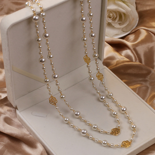 韩国气质高级感长款珍珠，项链女时尚小香风，多层镂空玫瑰花毛衣链潮
