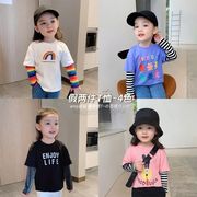 韩版纯棉童装女宝宝秋装卡通假两件儿童长袖T恤时尚女童上衣