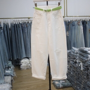 艾拿N85302白色水洗破洞薄料牛仔垮裤2024年夏季女装哈伦长裤