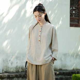 新中式棉麻女装亚麻立领国风盘扣套头大码上衣秋文艺禅意女式衬衫