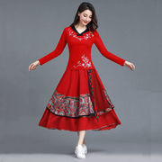 秋冬季民族风刺绣长袖，t恤女两件套中国风，女装大码上衣复古风套裙