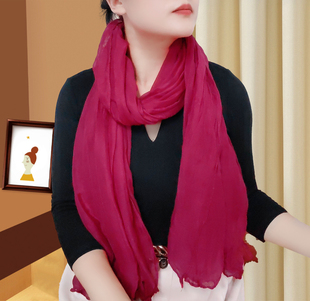 纯色棉麻大尺寸中国红色丝巾，夏围巾(夏围巾，)披肩两用女生秋冬季新薄款围脖