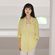 2024夏季鹅黄色衬衫小清新宽松轻薄防晒衫中长款单排扣亮黄色衬衣