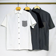 日系男士夏季条纹短袖流行衬衫拼接休闲衬衣白色宽松复古尖领半袖