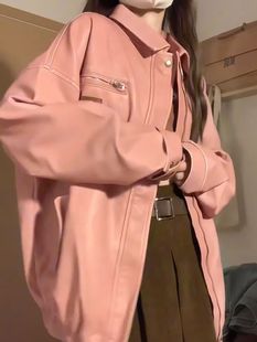 美式复古粉色皮衣夹克外套，女春秋高街个性甜酷炸街机车服潮牌