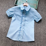 女童天蓝色衬衫短袖纯棉上衣花边款小女孩纯白衬衣中大童学生校服
