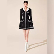 越南设计裙小香风，钉珠刺绣黑色，显瘦秋冬气质连衣裙30286