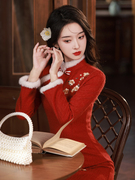 红色羽毛纱蕾丝旗袍，2023新中式新娘敬酒服订婚连衣裙礼服拜年服
